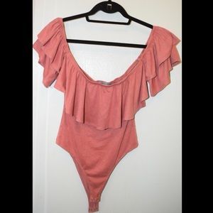 Pink off the shoulder body suit